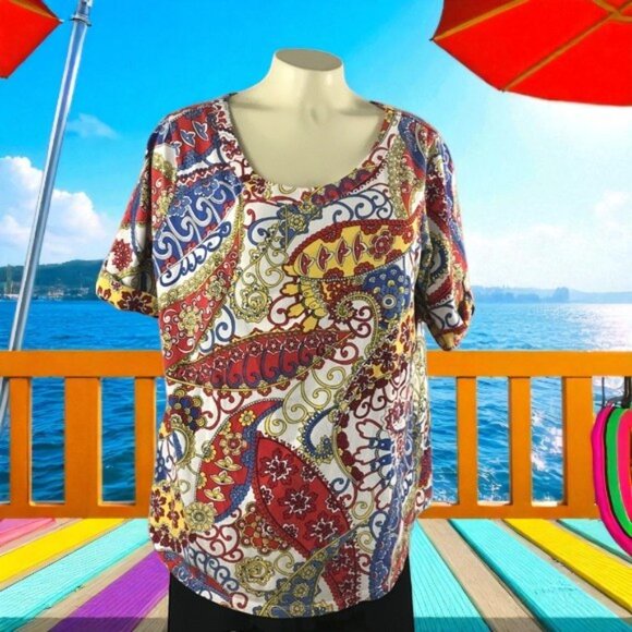 Talbots colorful cuffed sleeves top Cotton Spandex Plus 2X - Picture 1 of 7